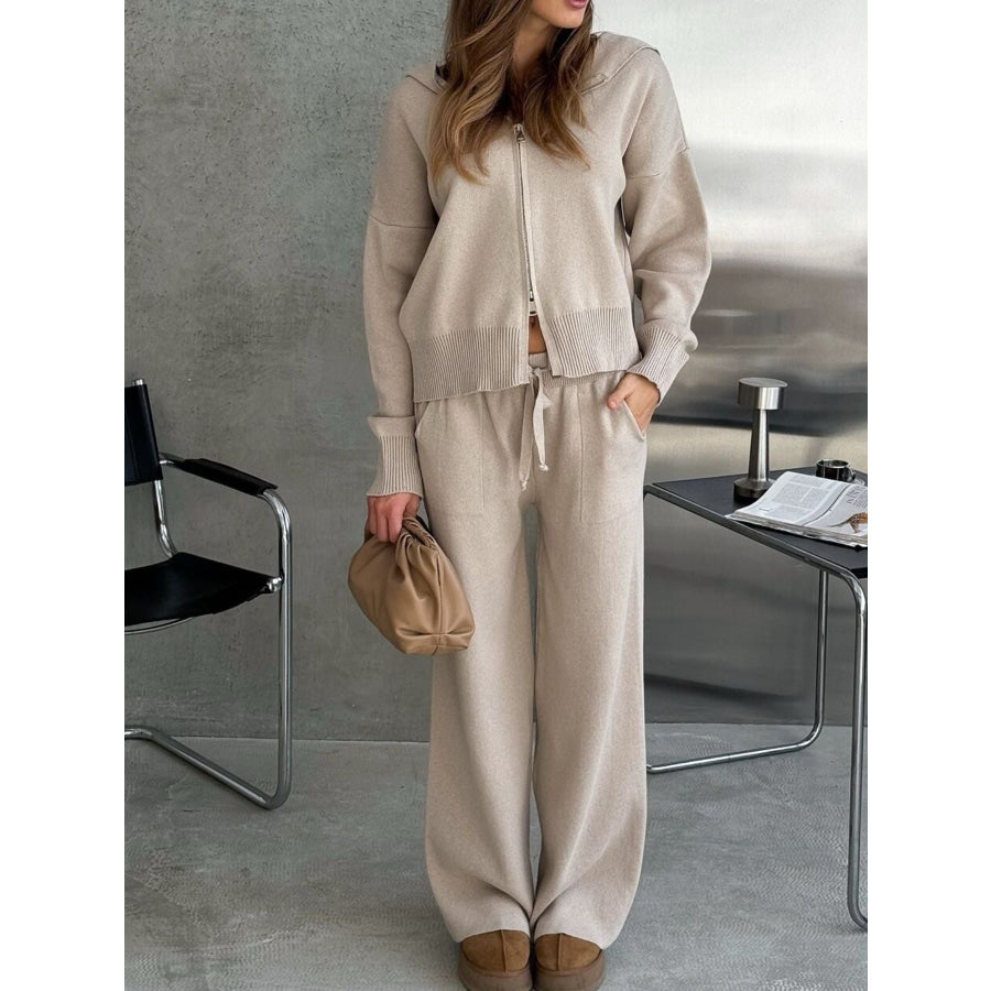Zip Up Cardigan and Drawstring Wide Leg Pants Knit Set Khaki / One Size Apparel and Accessories
