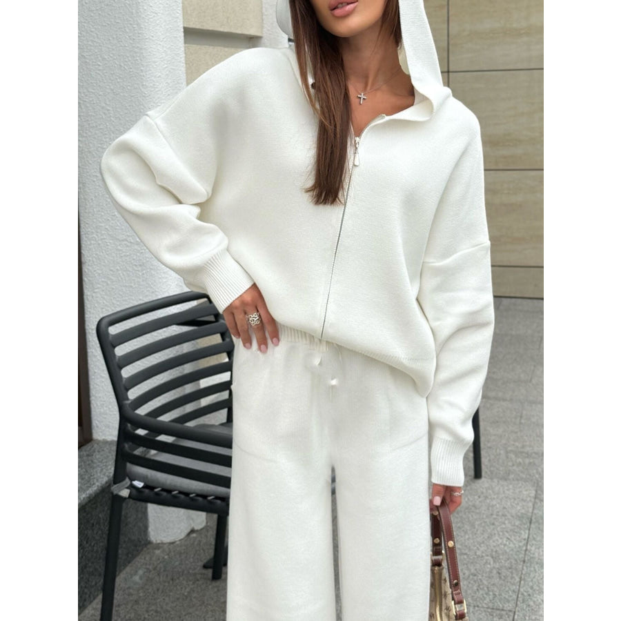 Zip Up Cardigan and Drawstring Wide Leg Pants Knit Set Milky White / One Size Apparel and Accessories