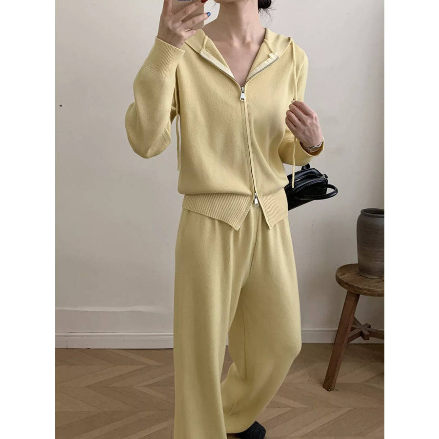 Zip Up Cardigan and Drawstring Wide Leg Pants Knit Set Yellow / One Size Apparel and Accessories