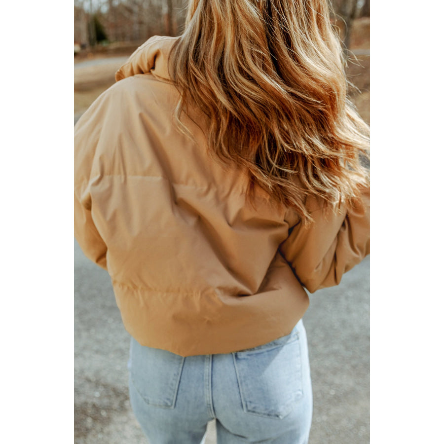 Zip Up Collared Neck Coat with Pockets Tan / S Apparel and Accessories