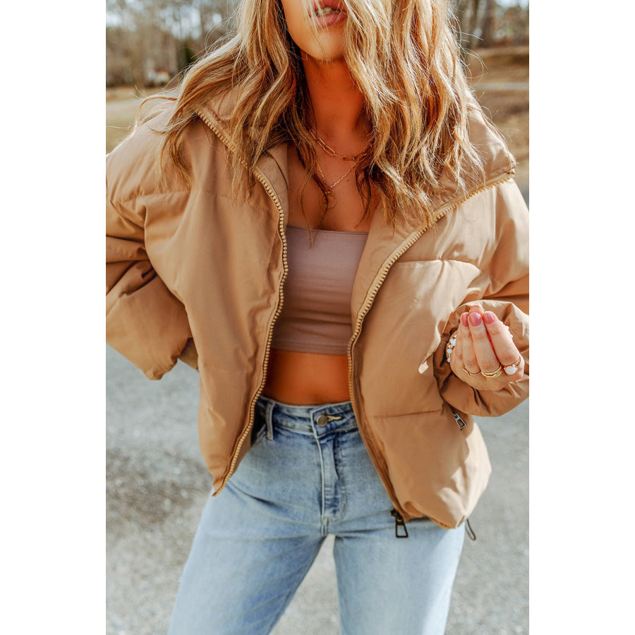 Zip Up Collared Neck Coat with Pockets Tan / S Apparel and Accessories