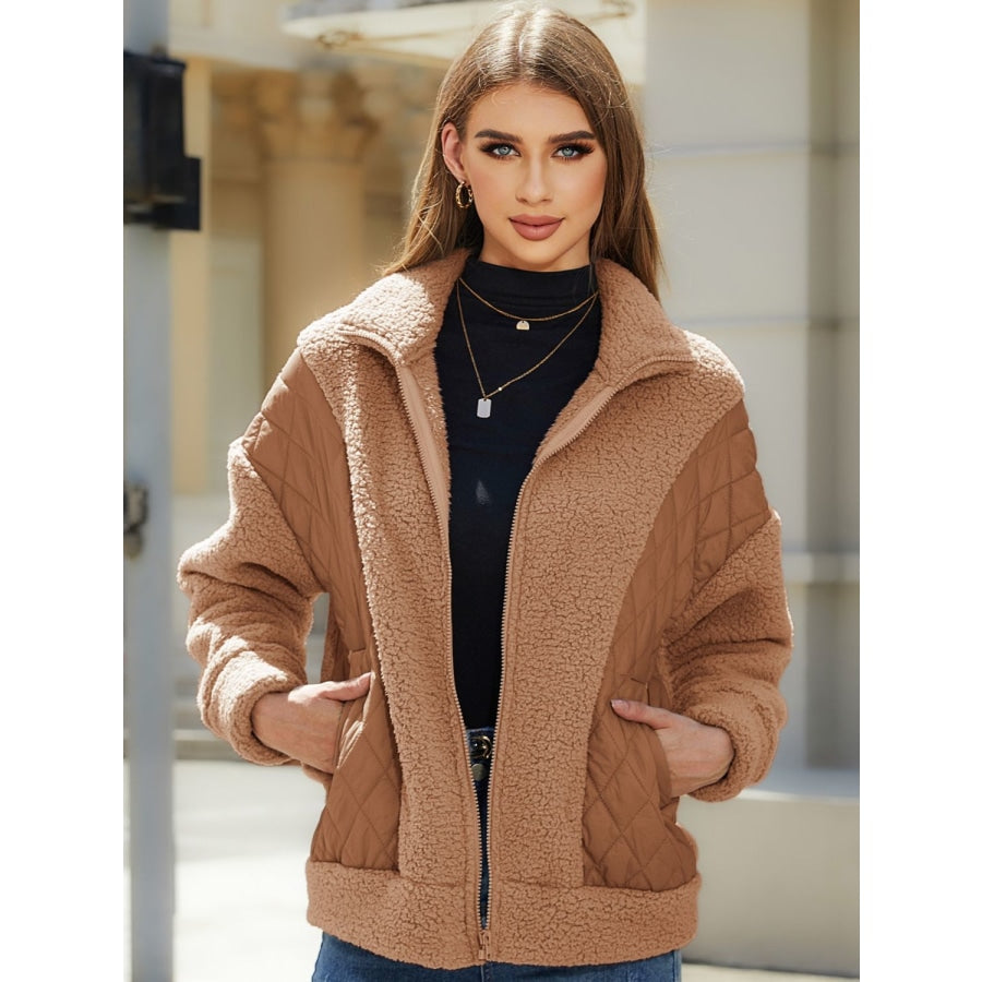 Zip-Up Collared Neck Jacket Camel / S