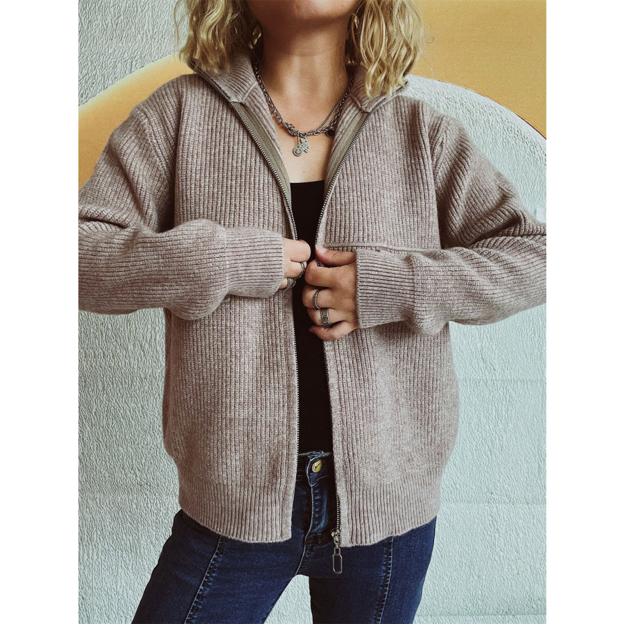 Zip Up Collared Neck Long Sleeve Cardigan Apparel and Accessories