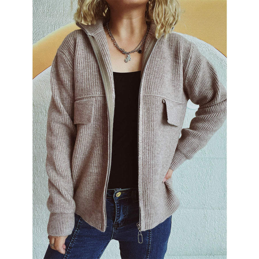 Zip Up Collared Neck Long Sleeve Cardigan Apparel and Accessories