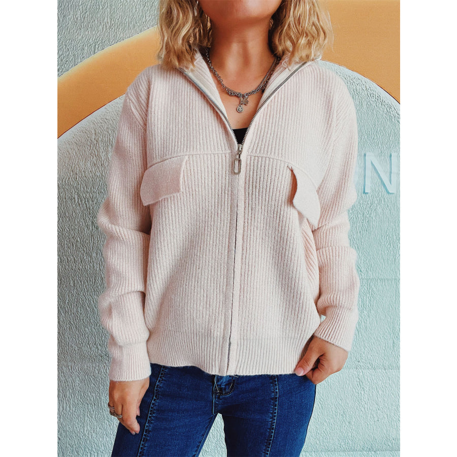 Zip Up Collared Neck Long Sleeve Cardigan Apparel and Accessories