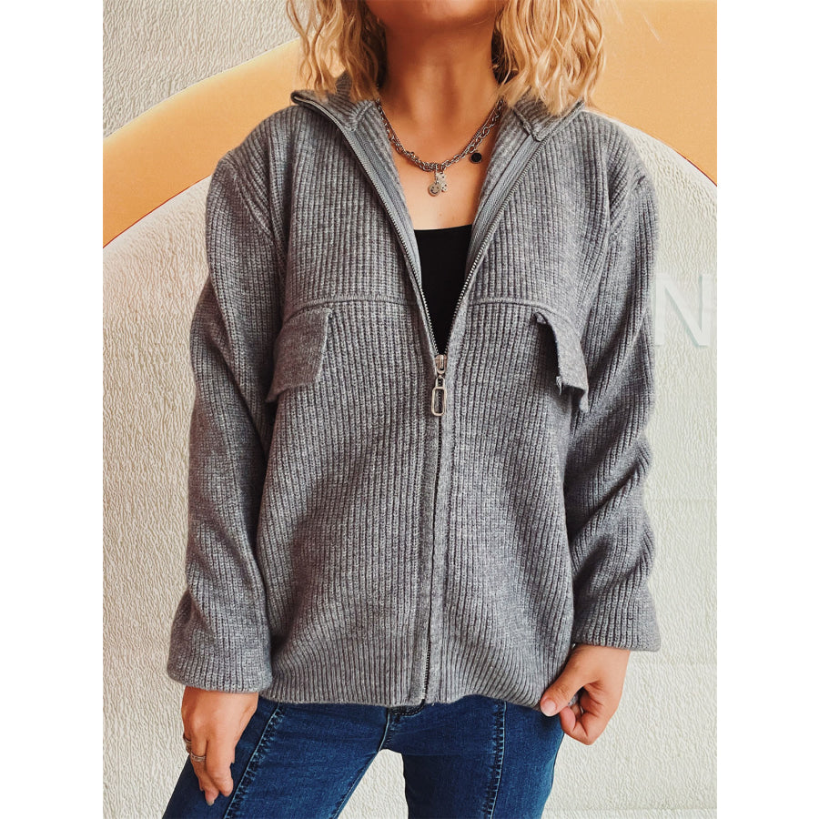 Zip Up Collared Neck Long Sleeve Cardigan Apparel and Accessories