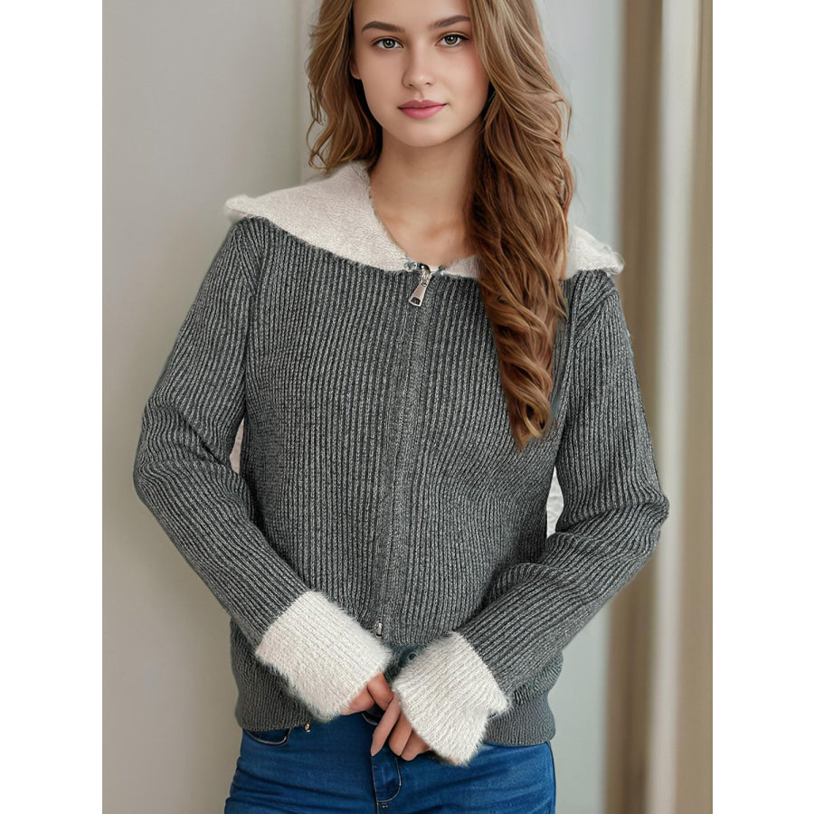 Zip Up Collared Neck Long Sleeve Cardigan Apparel and Accessories