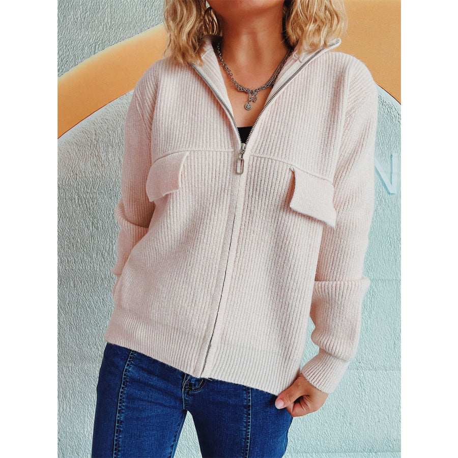 Zip Up Collared Neck Long Sleeve Cardigan Apparel and Accessories