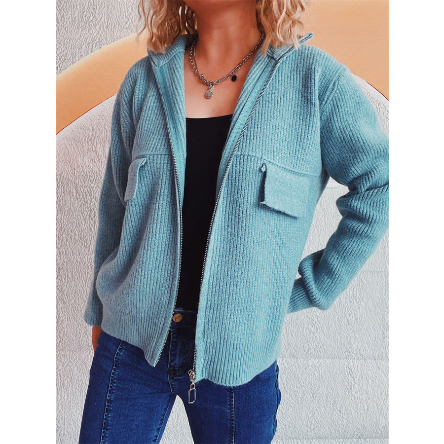 Zip Up Collared Neck Long Sleeve Cardigan Apparel and Accessories