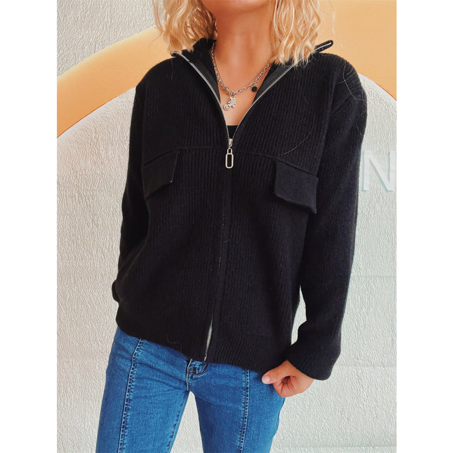 Zip Up Collared Neck Long Sleeve Cardigan Black / One Size Apparel and Accessories