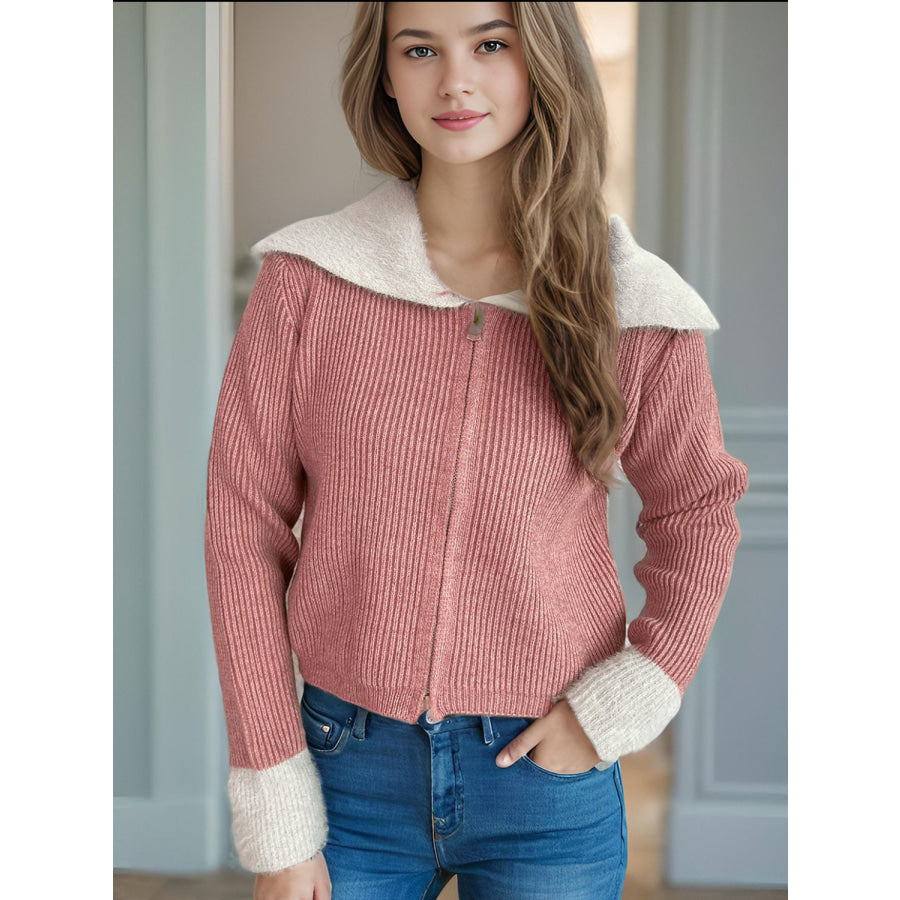 Zip Up Collared Neck Long Sleeve Cardigan Burnt Coral / One Size Apparel and Accessories