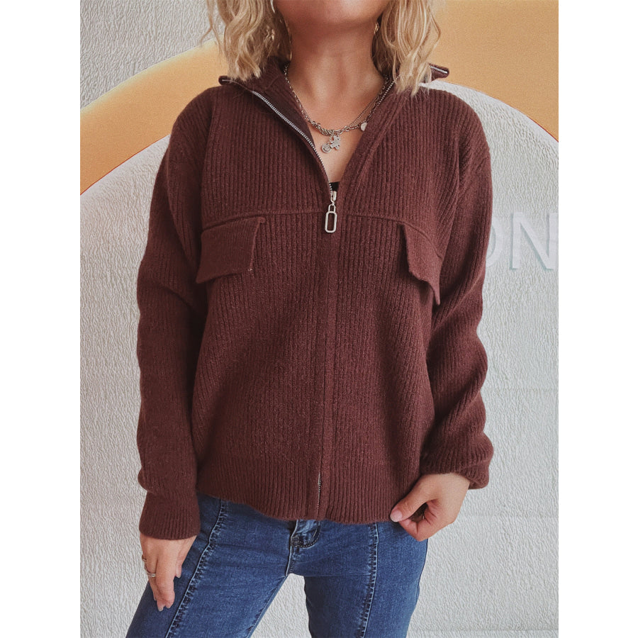 Zip Up Collared Neck Long Sleeve Cardigan Dark Brown / One Size Apparel and Accessories