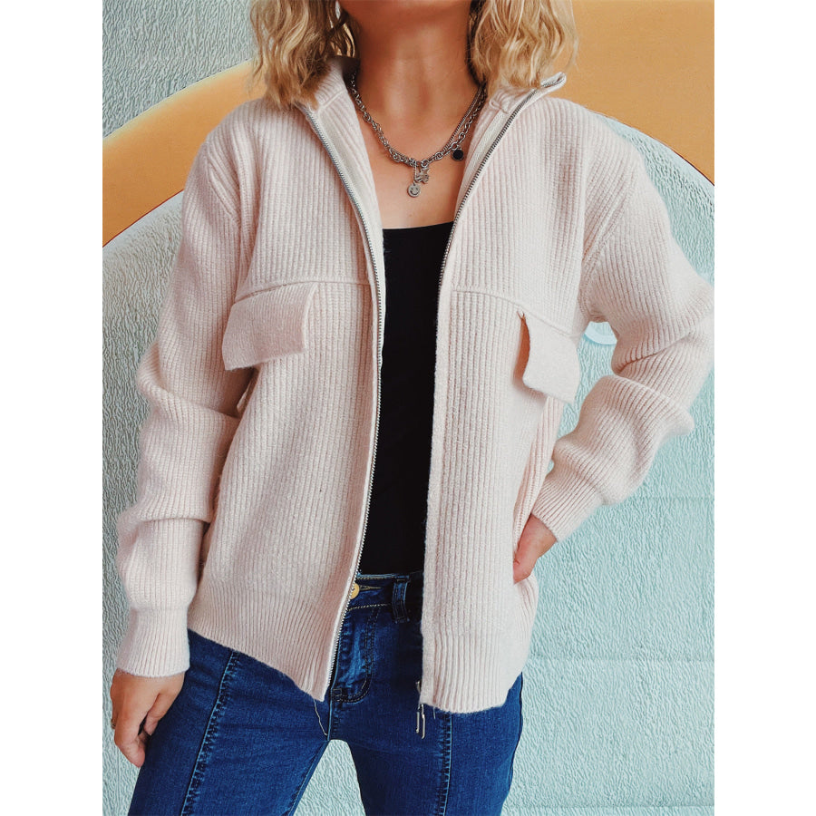 Zip Up Collared Neck Long Sleeve Cardigan Eggshell / One Size Apparel and Accessories