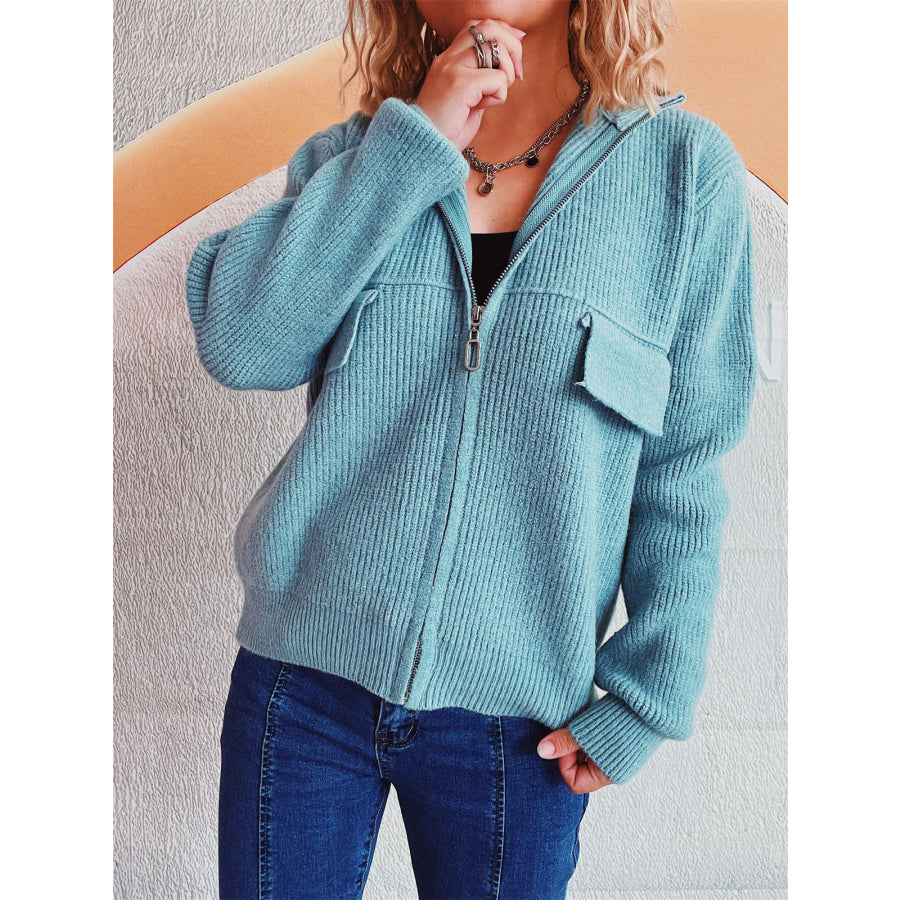 Zip Up Collared Neck Long Sleeve Cardigan Pastel Blue / One Size Apparel and Accessories