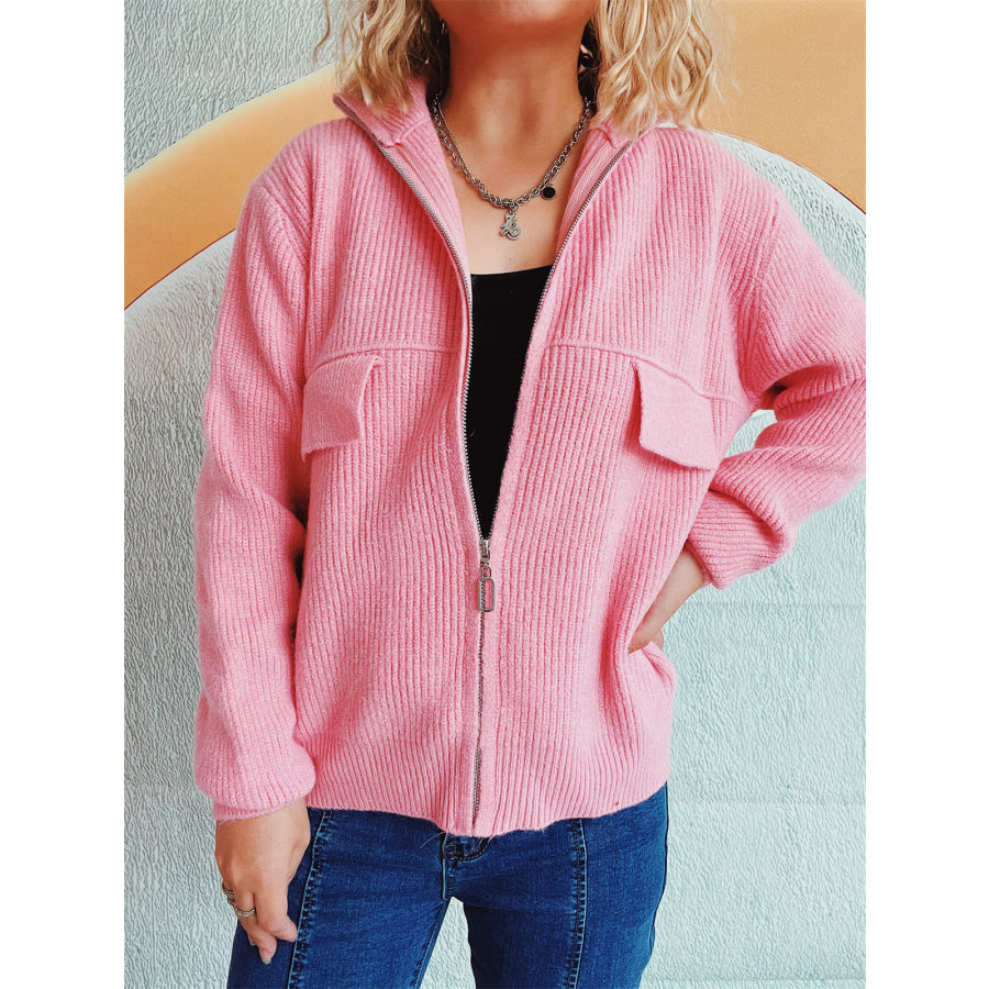 Zip Up Collared Neck Long Sleeve Cardigan Pink / One Size Apparel and Accessories