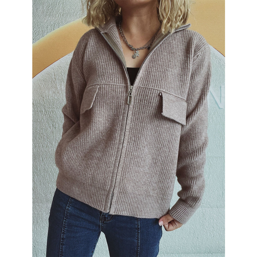 Zip Up Collared Neck Long Sleeve Cardigan Taupe / One Size Apparel and Accessories