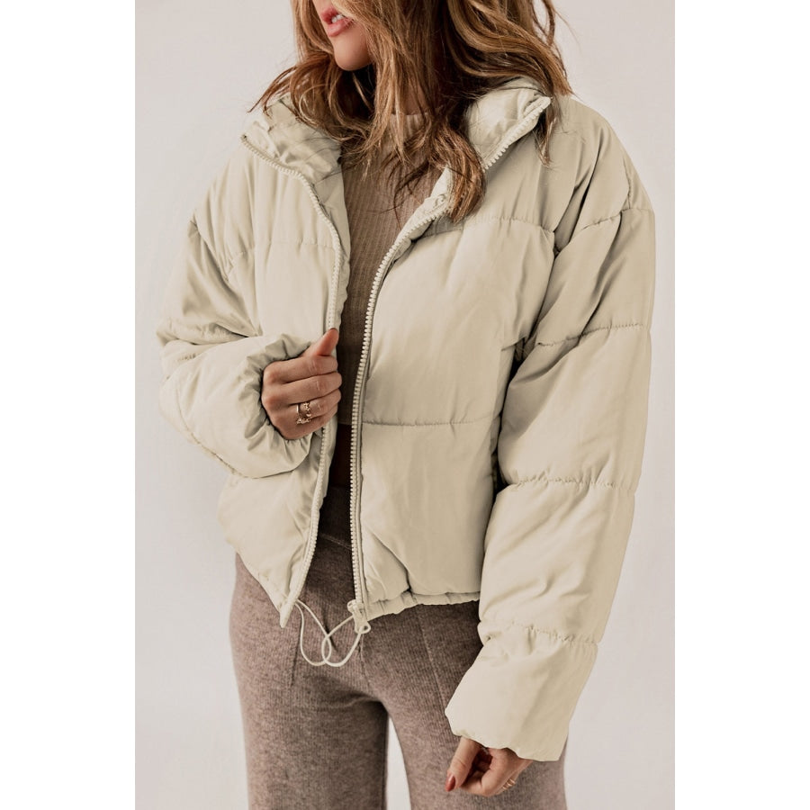 Zip Up Collared Neck Long Sleeve Winter Coat Cream / 2XL