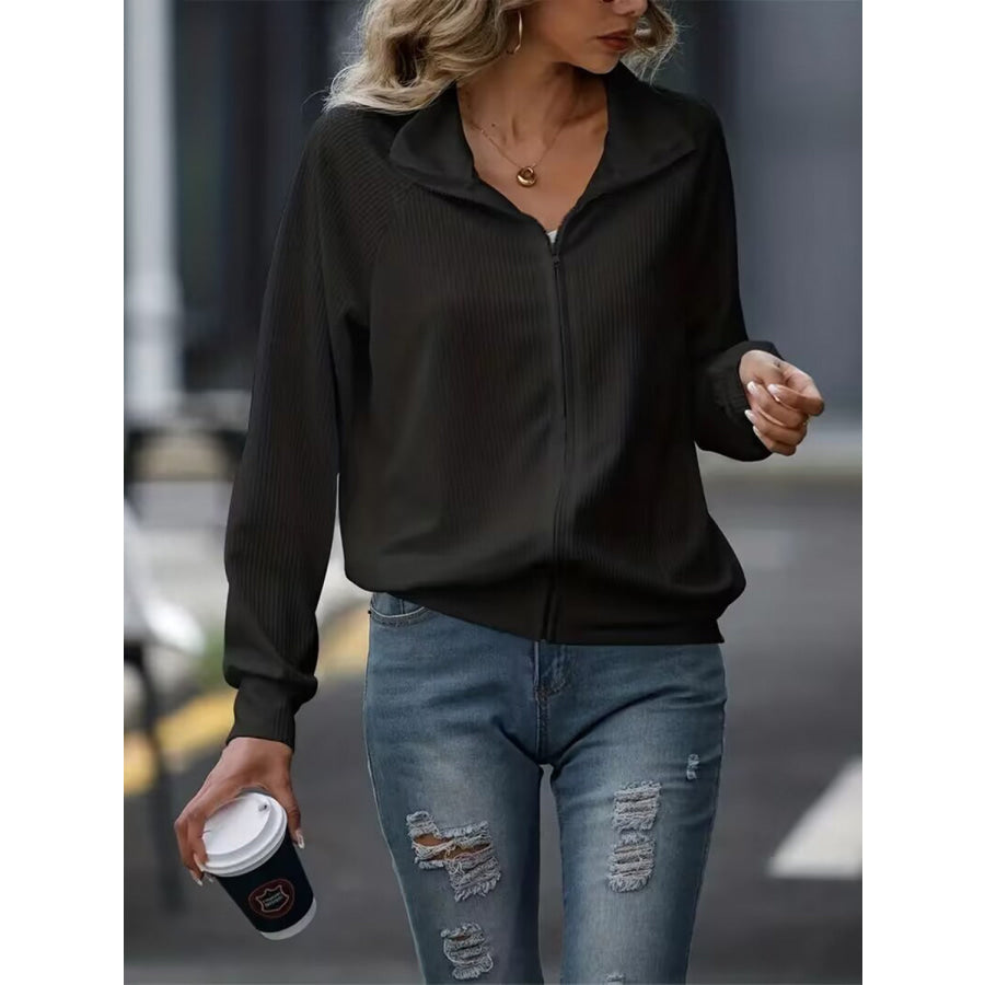 Zip Up Collared Neck Raglan Sleeve Jacket Black / S Apparel and Accessories