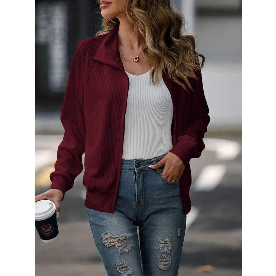 Zip Up Collared Neck Raglan Sleeve Jacket Burgundy / S Apparel and Accessories