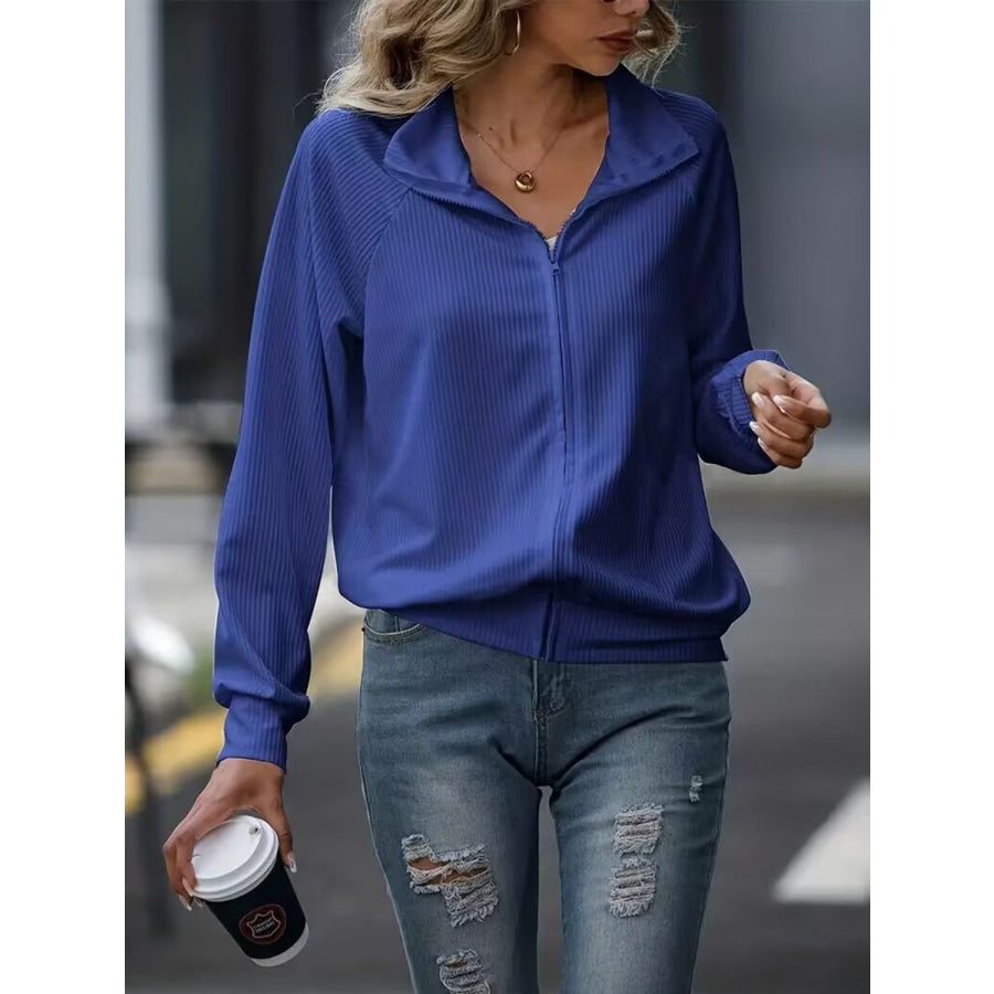 Zip Up Collared Neck Raglan Sleeve Jacket Royal Blue / S Apparel and Accessories