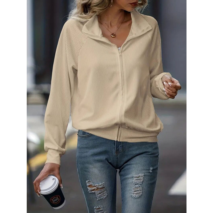 Zip Up Collared Neck Raglan Sleeve Jacket Tan / S Apparel and Accessories