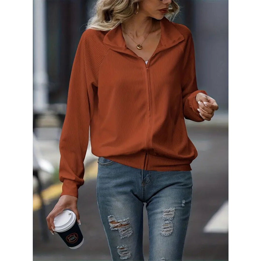 Zip Up Collared Neck Raglan Sleeve Jacket Terracotta / S Apparel and Accessories