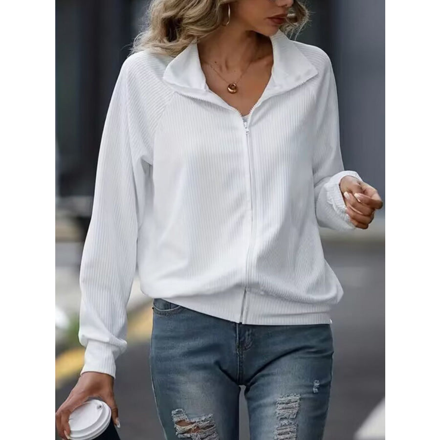 Zip Up Collared Neck Raglan Sleeve Jacket White / S Apparel and Accessories