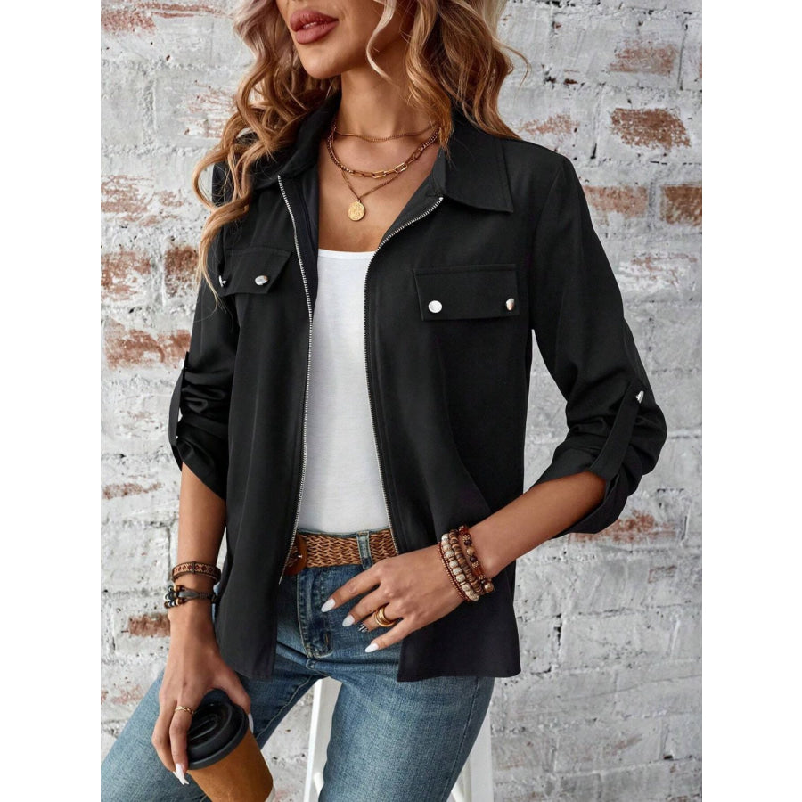 Zip Up Collared Neck Roll-Tab Sleeve Jacket Apparel and Accessories