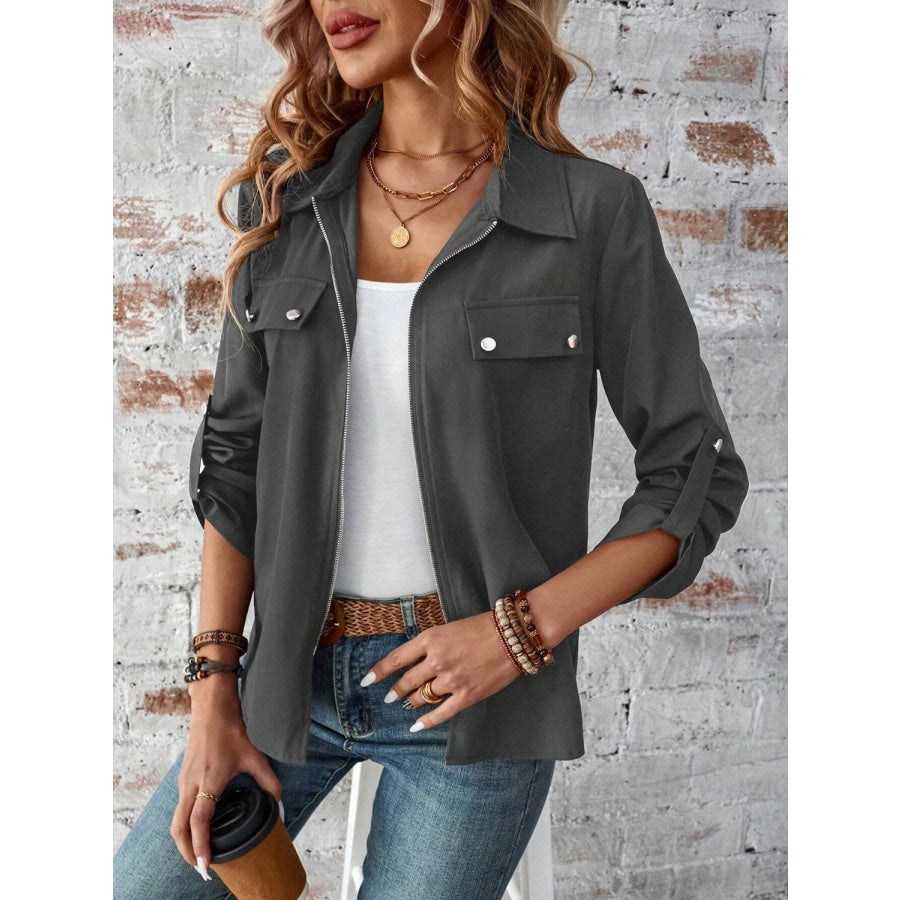 Zip Up Collared Neck Roll-Tab Sleeve Jacket Apparel and Accessories