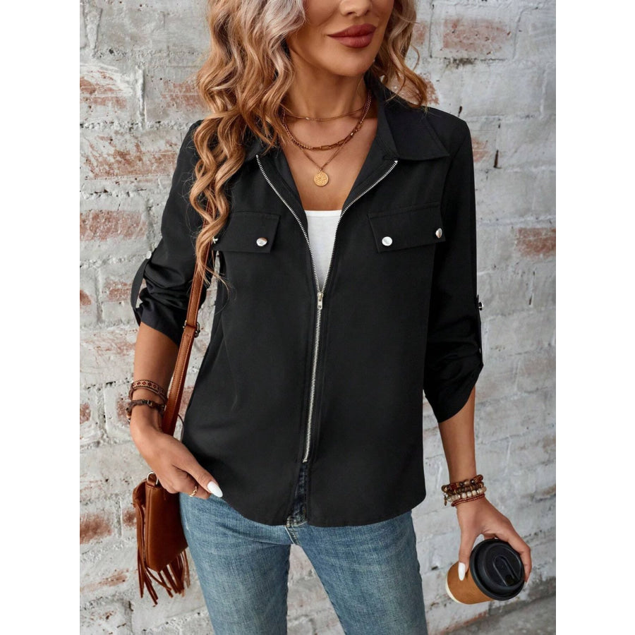 Zip Up Collared Neck Roll-Tab Sleeve Jacket Apparel and Accessories