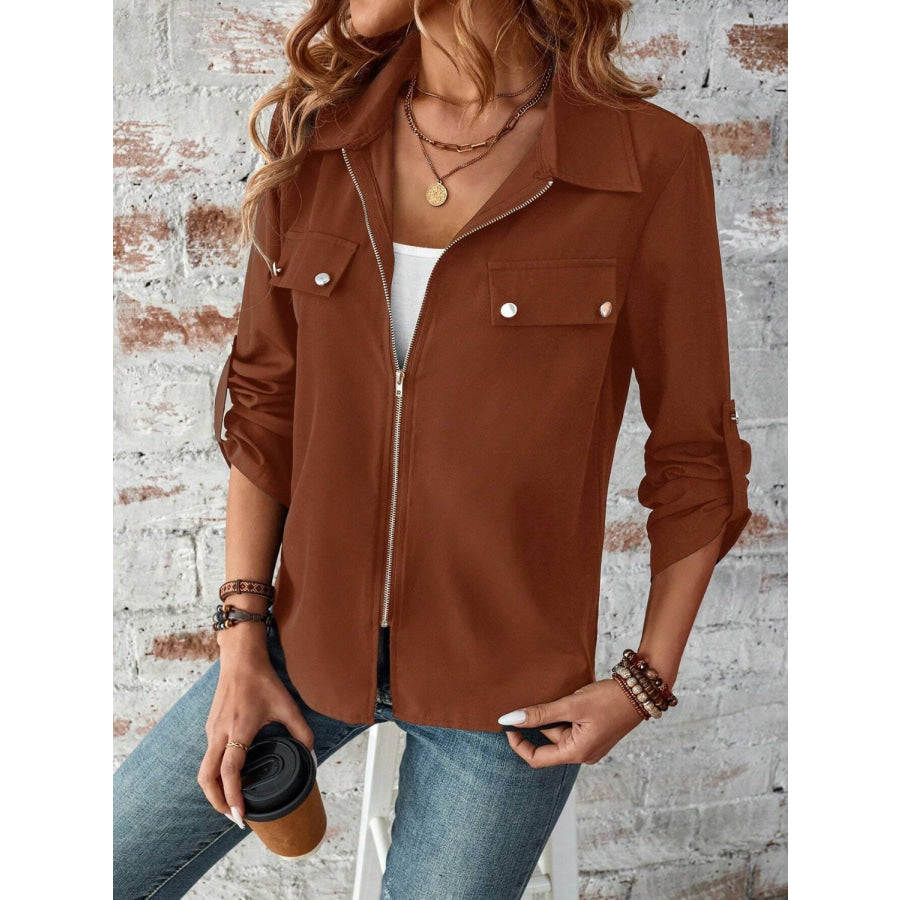 Zip Up Collared Neck Roll-Tab Sleeve Jacket Apparel and Accessories