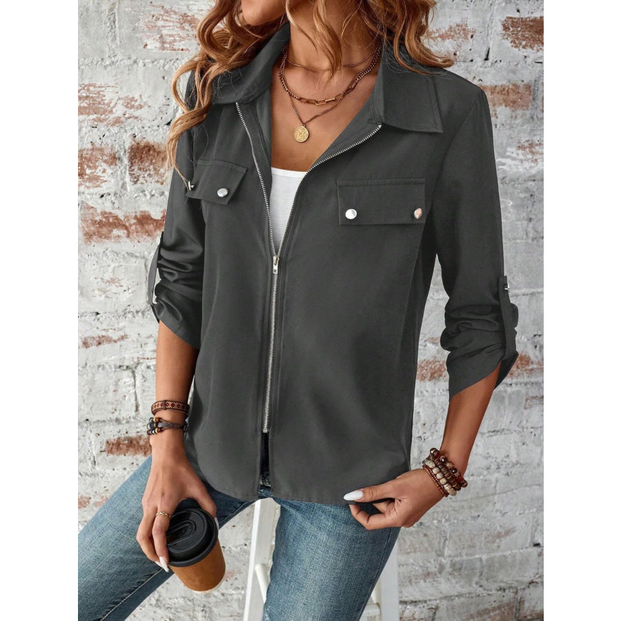 Zip Up Collared Neck Roll-Tab Sleeve Jacket Apparel and Accessories