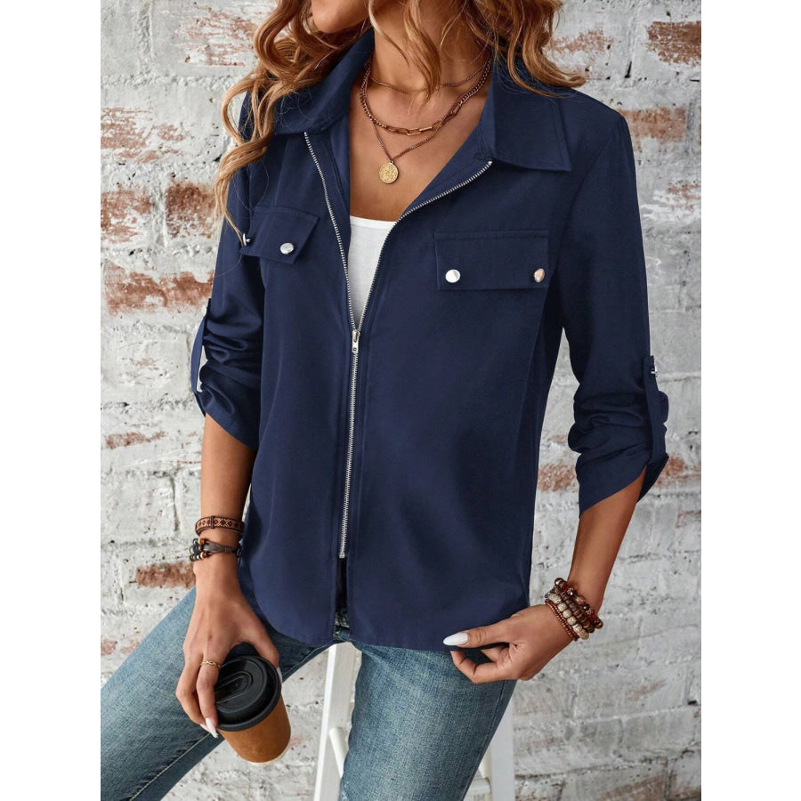 Zip Up Collared Neck Roll-Tab Sleeve Jacket Apparel and Accessories