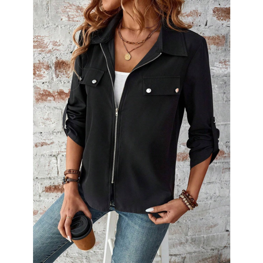 Zip Up Collared Neck Roll-Tab Sleeve Jacket Apparel and Accessories