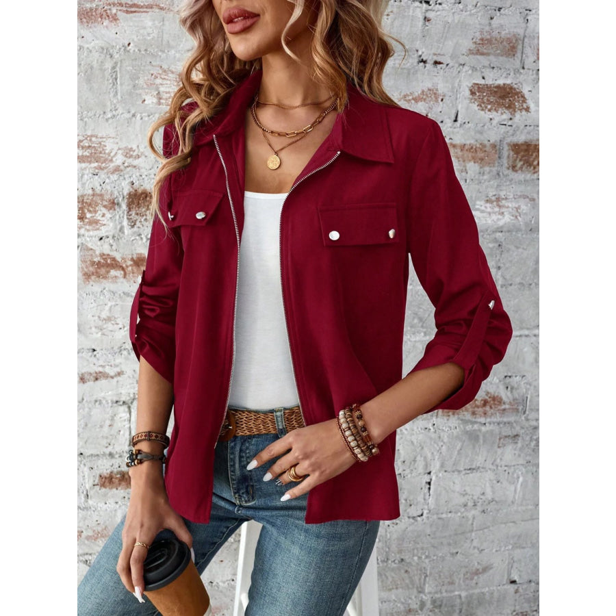 Zip Up Collared Neck Roll-Tab Sleeve Jacket Burgundy / S Apparel and Accessories