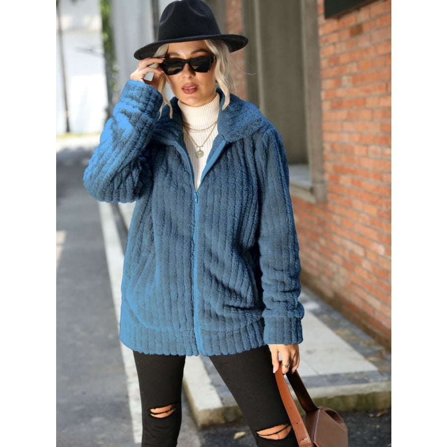 Zip-Up Collared Ribbed Jacket Misty Blue / S