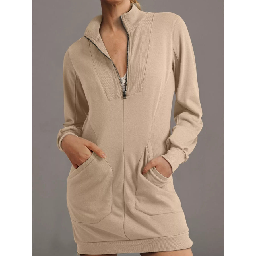 Zip Up Collared Ribbed Patchwork Sweatshirt Dress with Pockets Khaki / S Apparel and Accessories