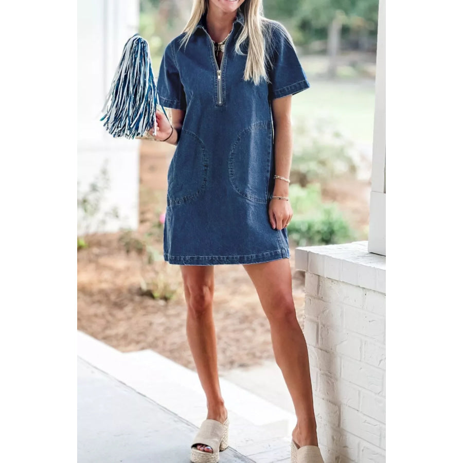 Zip Up Collared Short Sleeve Shift Mini Denim Dress Apparel and Accessories