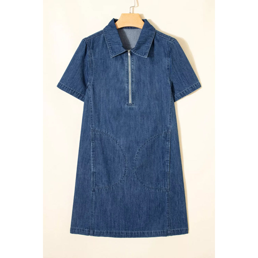 Zip Up Collared Short Sleeve Shift Mini Denim Dress Apparel and Accessories