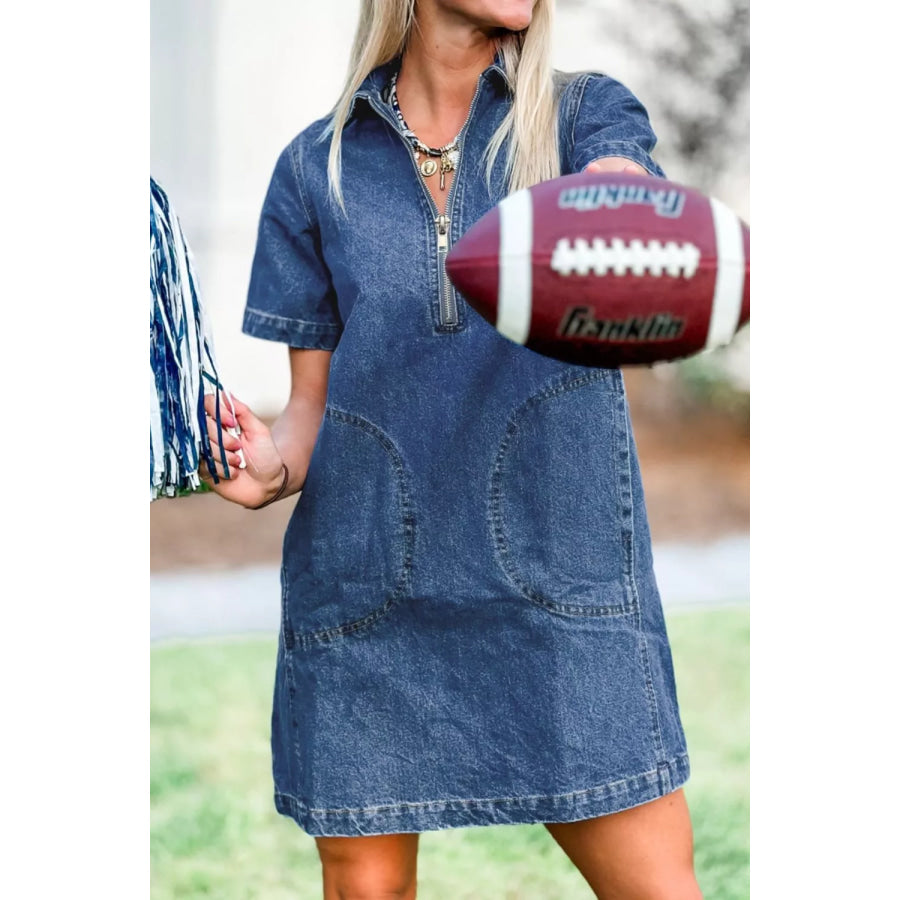 Zip Up Collared Short Sleeve Shift Mini Denim Dress Apparel and Accessories
