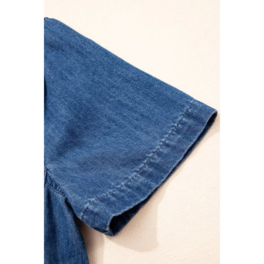 Zip Up Collared Short Sleeve Shift Mini Denim Dress Apparel and Accessories