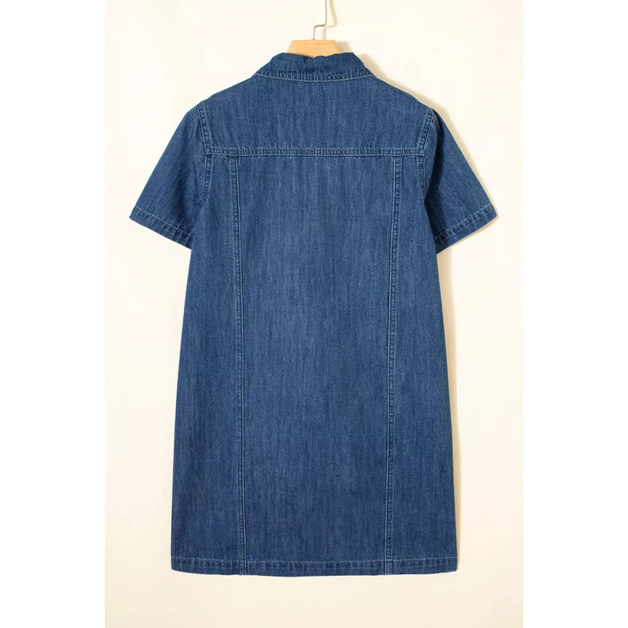 Zip Up Collared Short Sleeve Shift Mini Denim Dress Apparel and Accessories