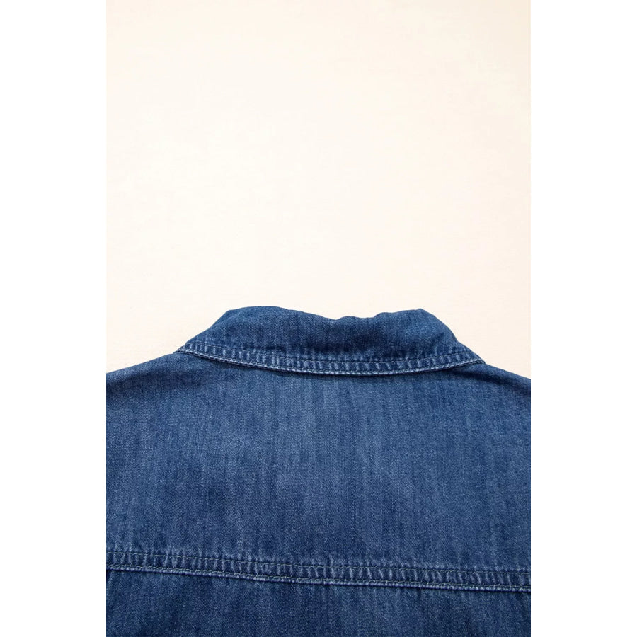Zip Up Collared Short Sleeve Shift Mini Denim Dress Apparel and Accessories