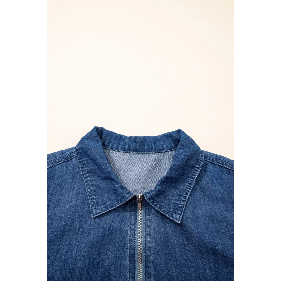 Zip Up Collared Short Sleeve Shift Mini Denim Dress Apparel and Accessories