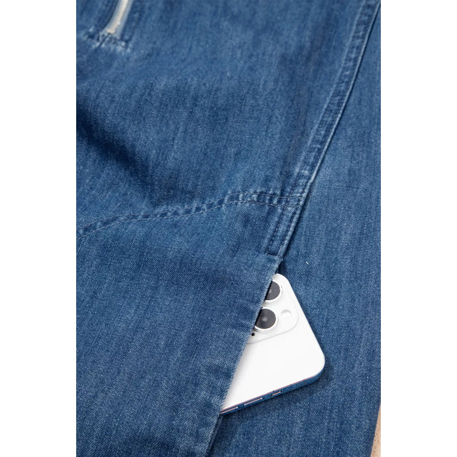 Zip Up Collared Short Sleeve Shift Mini Denim Dress Apparel and Accessories