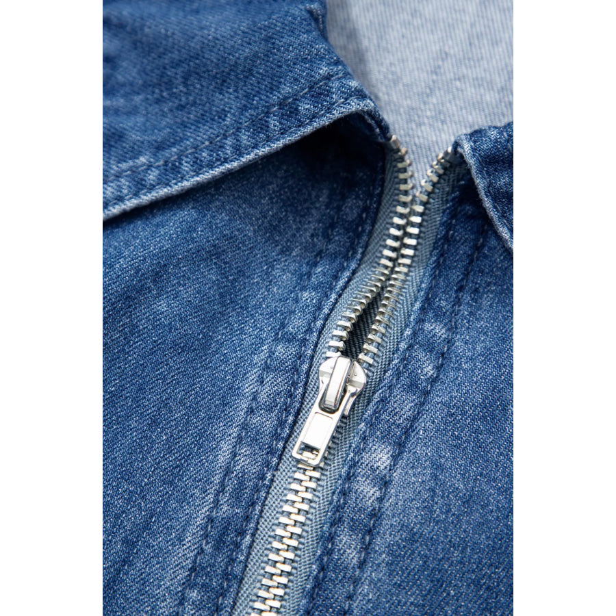 Zip Up Collared Short Sleeve Shift Mini Denim Dress Apparel and Accessories