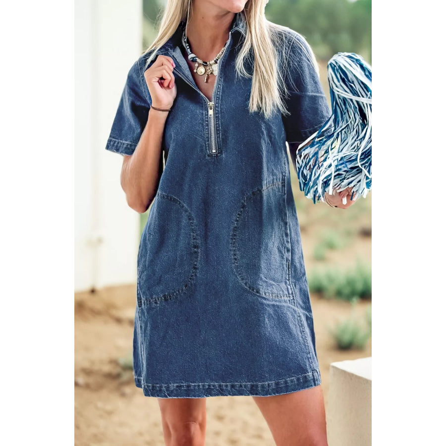 Zip Up Collared Short Sleeve Shift Mini Denim Dress Dark Blue / S Apparel and Accessories
