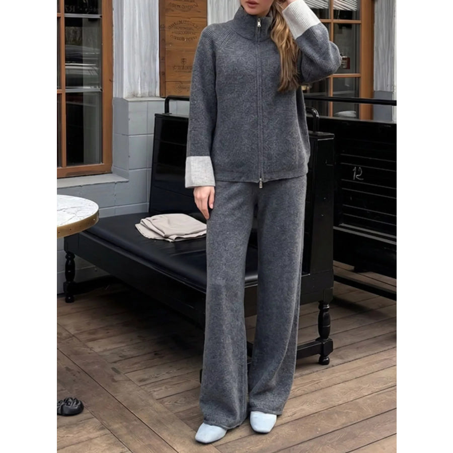 Zip-Up Contrast Cuff Cardigan and Pants Sweater Set Apparel Accessories