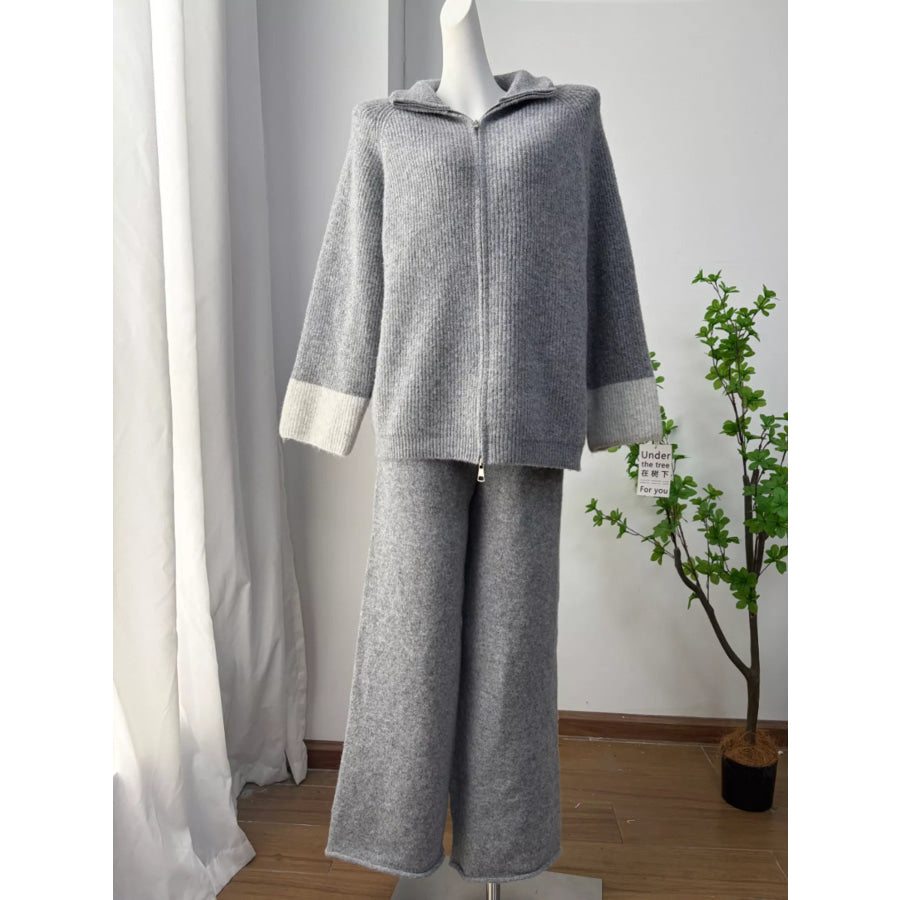 Zip-Up Contrast Cuff Cardigan and Pants Sweater Set Apparel Accessories