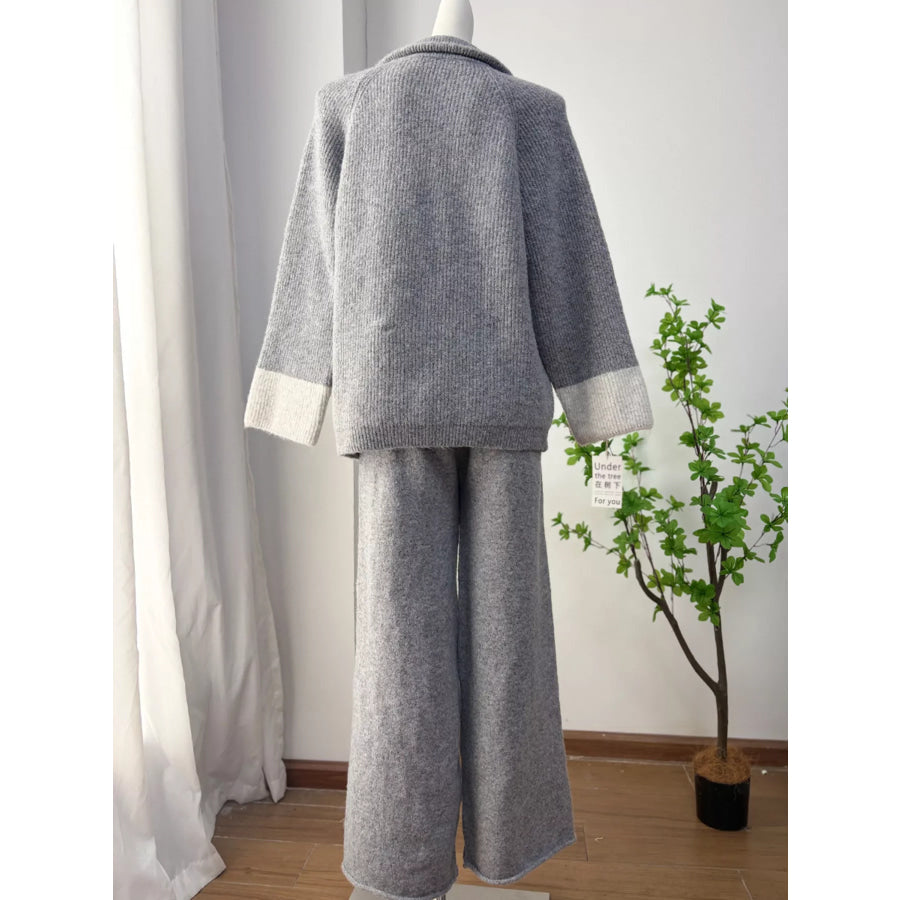Zip-Up Contrast Cuff Cardigan and Pants Sweater Set Apparel Accessories